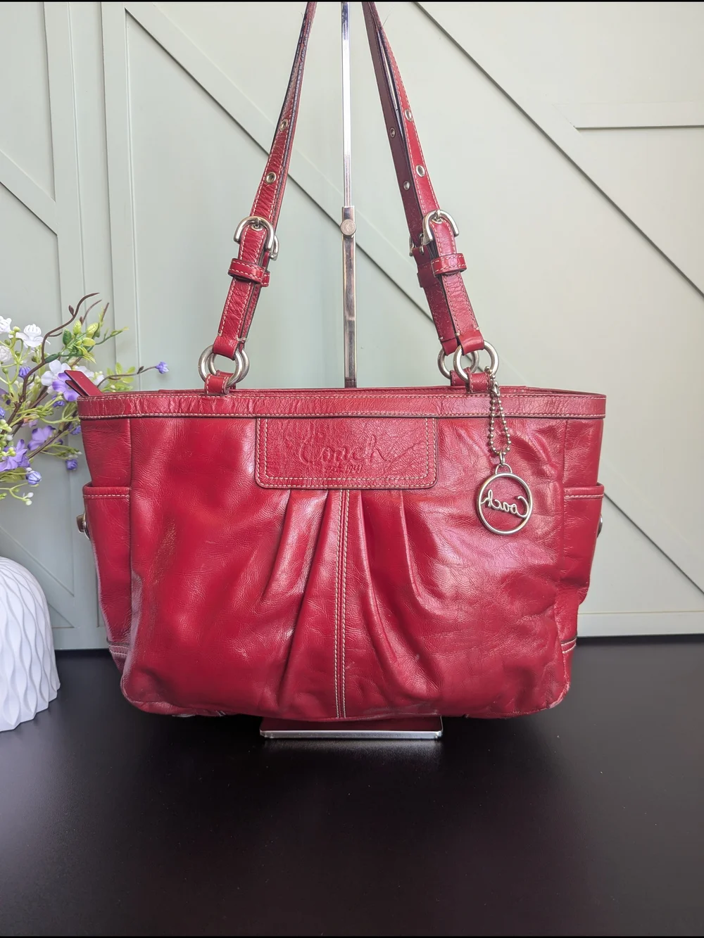 Coach Red Leather Shoulder Tote with Charm